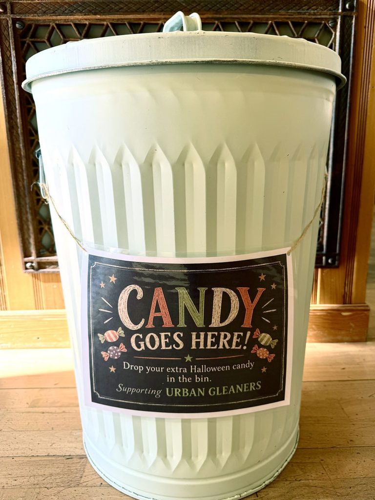Mint-green Halloween candy donation bin for Urban Gleaners at Mint Dental Works in SE Portland